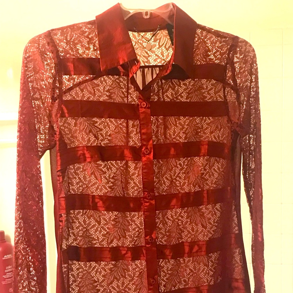 USED BKE Boutique size small maroon lacy blouse.  Perfect for a Holiday party!